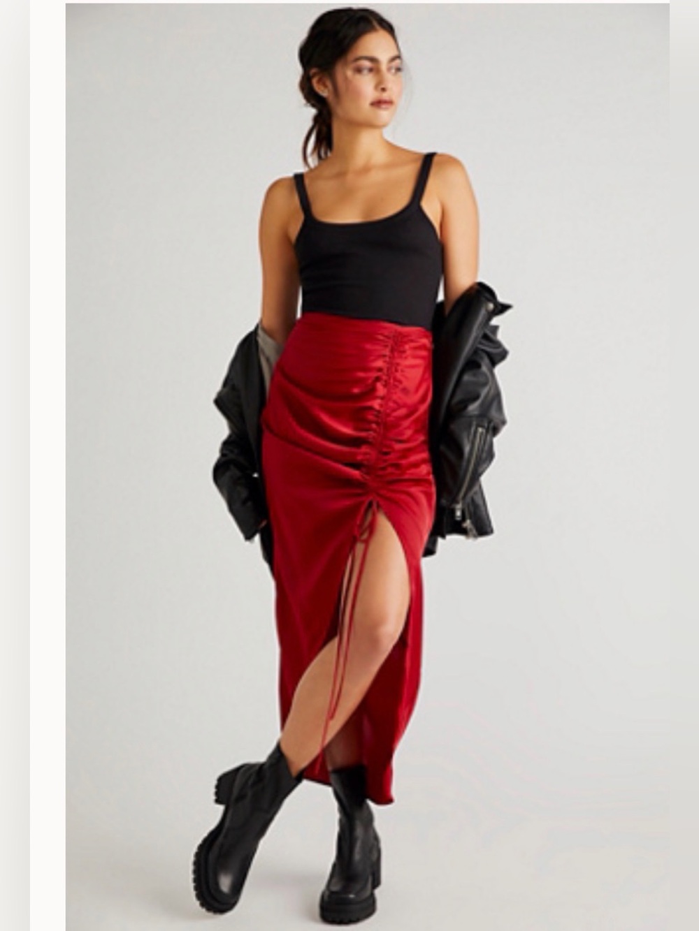 Free People Ruched Satin Red Midi Skirt